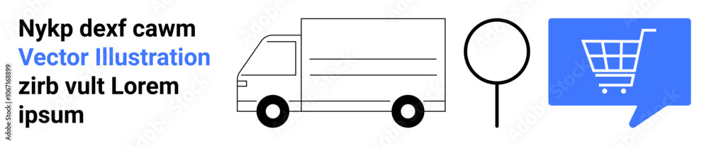 Delivery truck, map marker, shopping cart in a blue speech bubble, and text elements. Ideal for e-commerce, logistics, delivery services, online shopping, transportation, network maps, customer Delivery truck, map marker, shopping cart in a blue speech bubble, and text elements. Ideal for e-commerce, logistics, delivery services, online shopping, transportation, network maps, customer