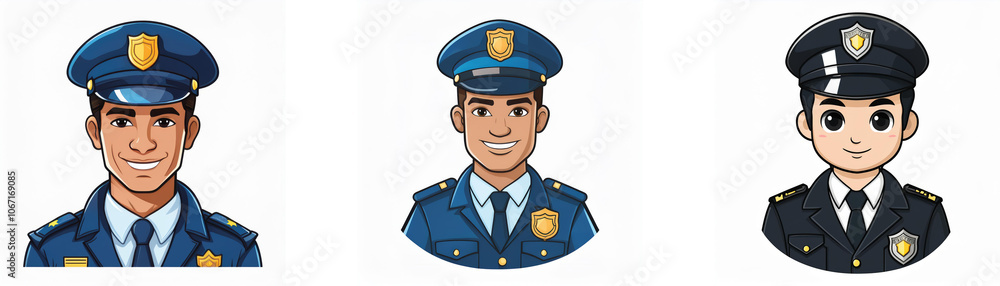Fototapeta premium Three cartoon illustrations of police officers with varying styles.