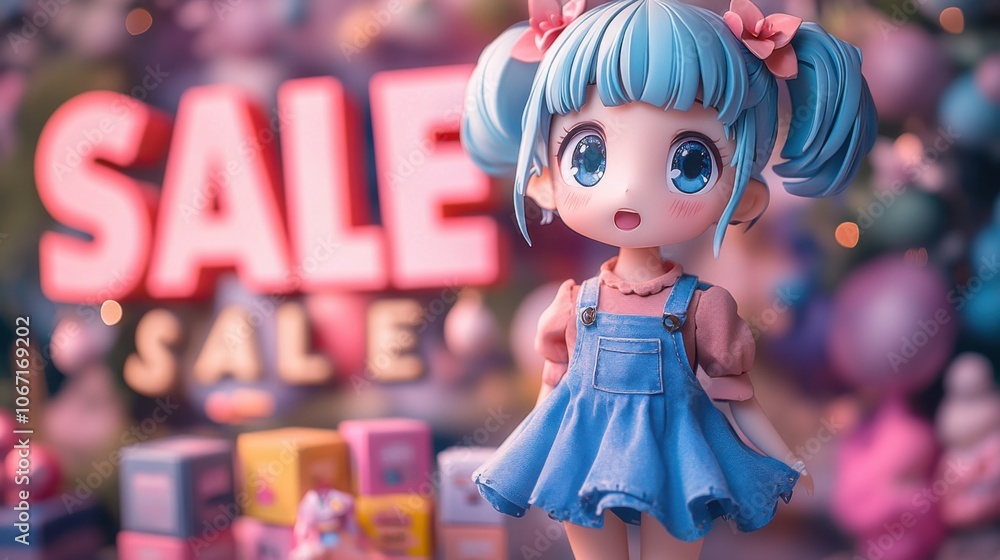 Doll with blue hair and pink dress standing in front of a sale sign