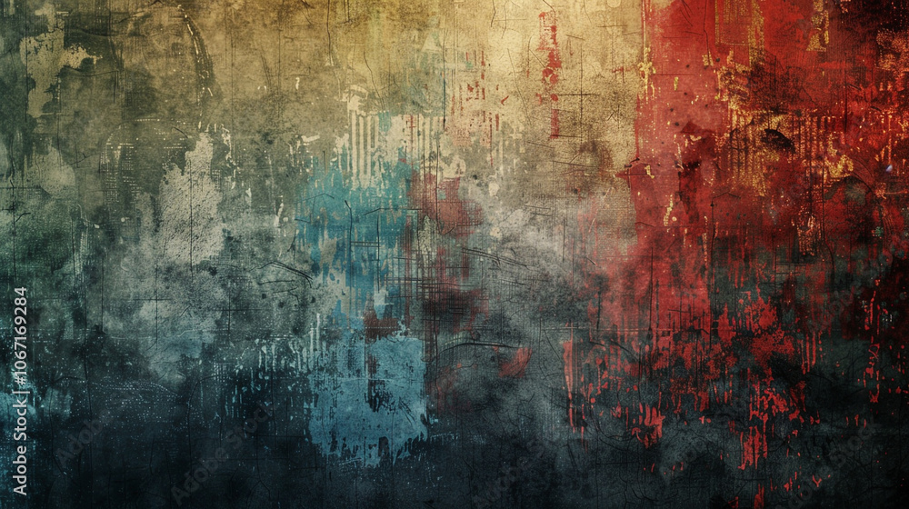 A colorful, abstract painting with a lot of texture and splatters. A colorful, abstract painting with a lot of texture and splatters.