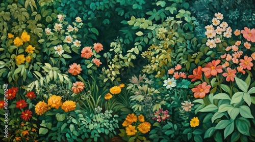 A garden oil painting background, filled with rich greens and colorful flowers