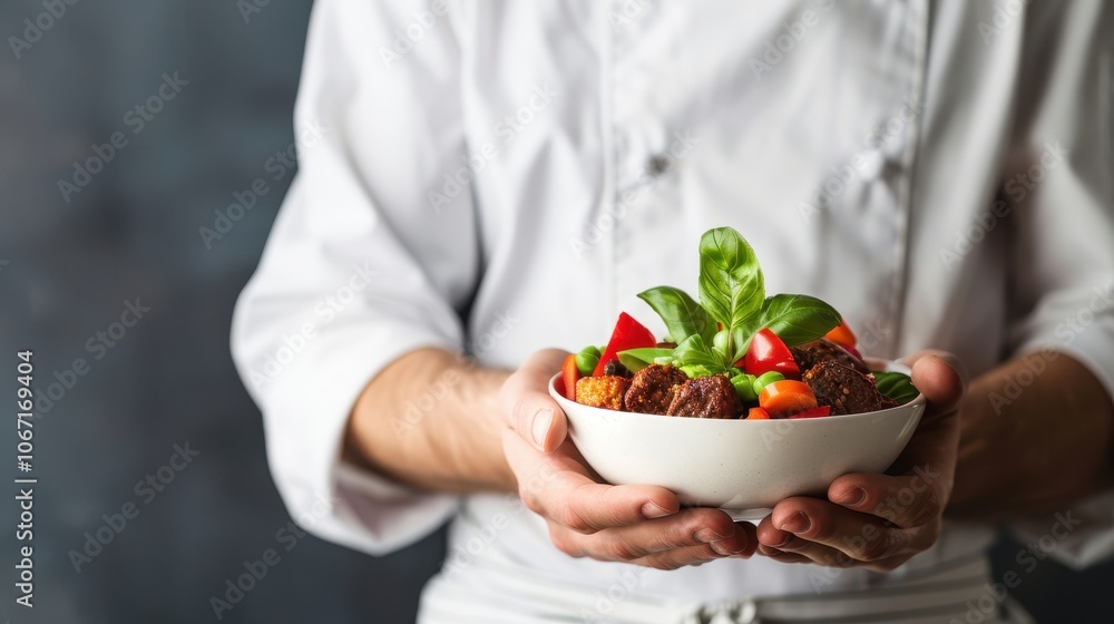 Chef presenting a bowl of fresh salad with roasted vegetables and basil leaves Chef presenting a bowl of fresh salad with roasted vegetables and basil leaves