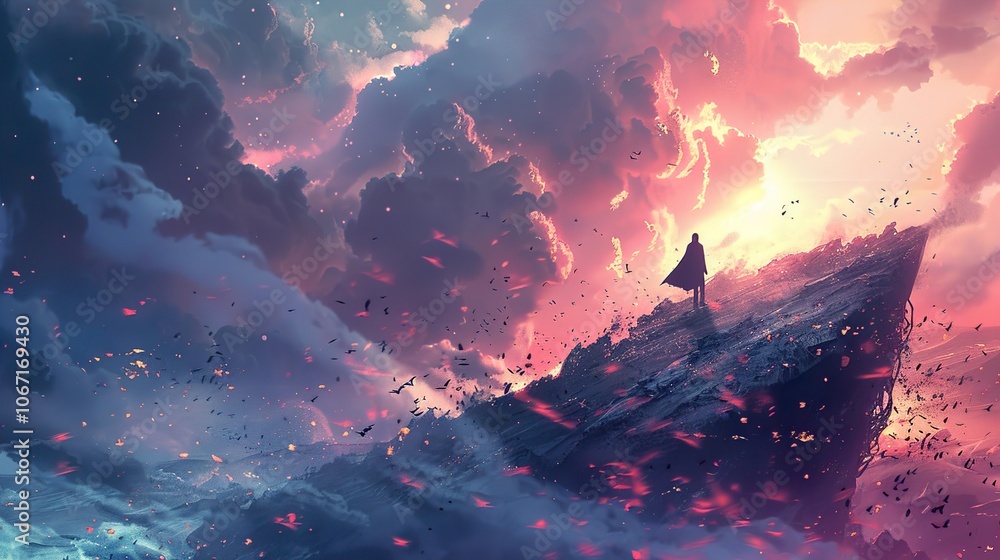 Fototapeta premium Silhouette of a Figure on a Mountaintop with Glowing Clouds - A Dreamlike Fantasy Artwork