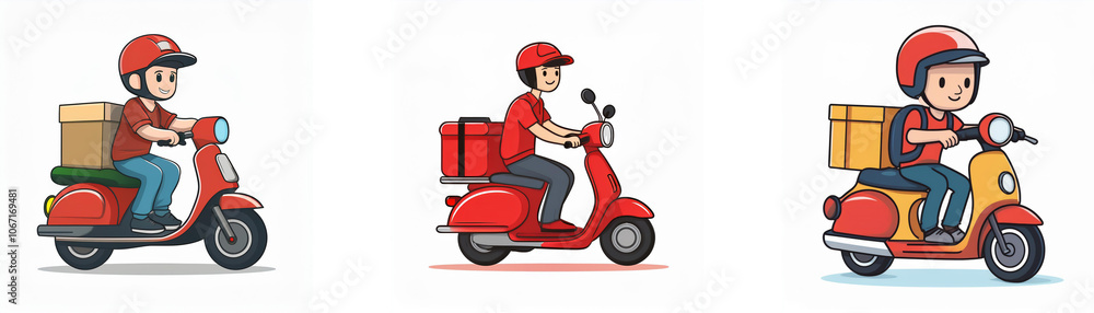 Three cartoon delivery drivers riding red and yellow scooters carrying boxes. Three cartoon delivery drivers riding red and yellow scooters carrying boxes.
