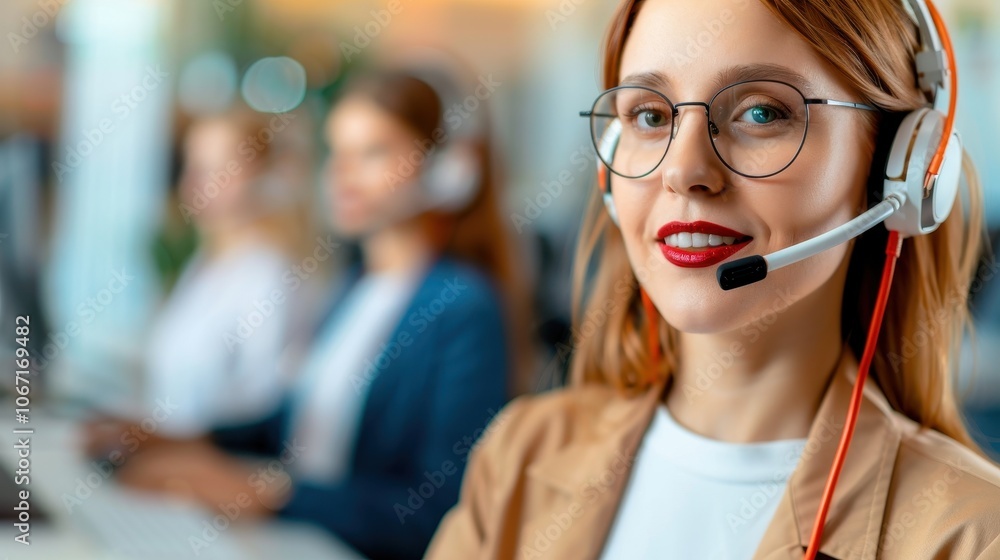 Smiling female customer support agent with headset in a vibrant office Smiling female customer support agent with headset in a vibrant office