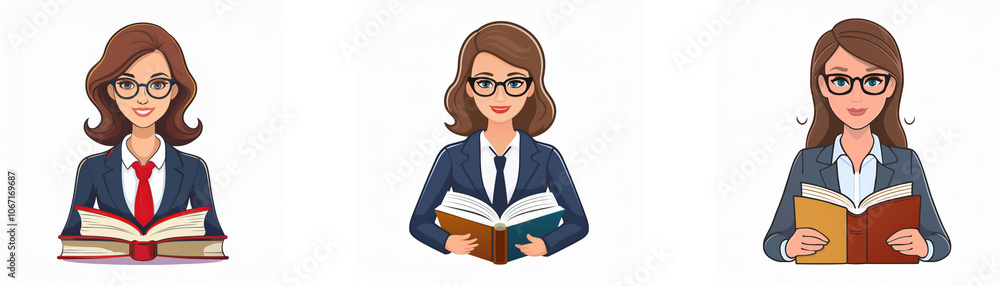 Three women with brown hair are depicted in the image. All women are wearing business suits and glasses. They are holding open books. Three women with brown hair are depicted in the image. All women are wearing business suits and glasses. They are holding open books.