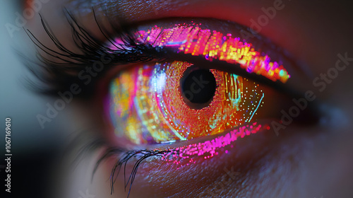 Close-up of a human eye with a glowing, circuit board-like iris, intricate digital patterns evoke a futuristic tech interface.