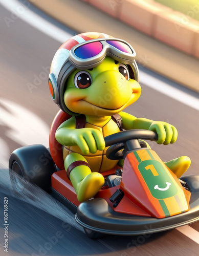 Cute cartoon turtle racing in a go-kart on a sunny day