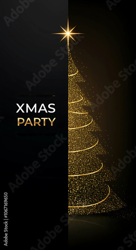 A sleek, minimalist Christmas party poster/invitation featuring a golden, glowing Christmas tree silhouette on a dark background. generative ai