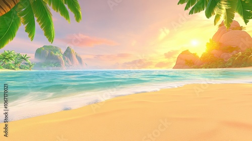 A serene beach scene at sunset, with gentle waves lapping the shore, lush green palm leaves framing the view, and a colorful sky. photo