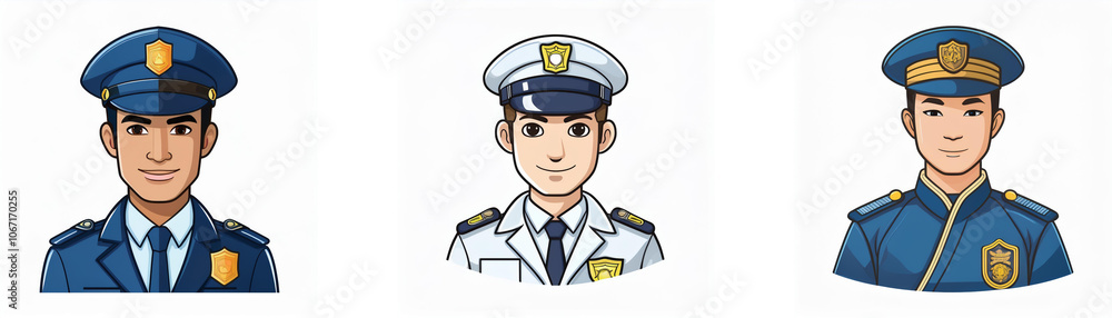 Three cartoon men in uniform, all wearing different types of hats. Three cartoon men in uniform, all wearing different types of hats.