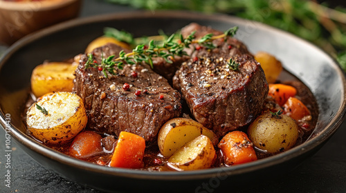 Slow-cooked beef stew with carrots and potatoes, hearty and comforting