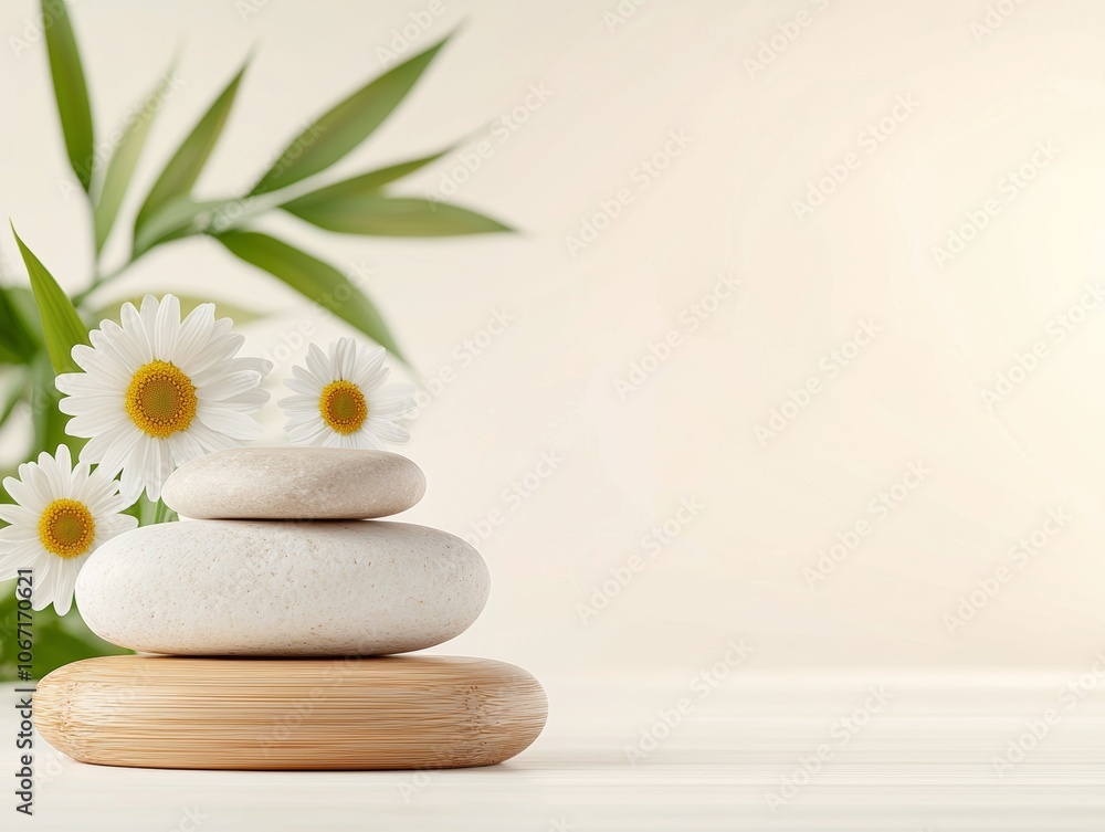 A serene composition featuring stacked stones, daisies, and bamboo leaves, evoking tranquility and harmony in a minimalistic setting. A serene composition featuring stacked stones, daisies, and bamboo leaves, evoking tranquility and harmony in a minimalistic setting.