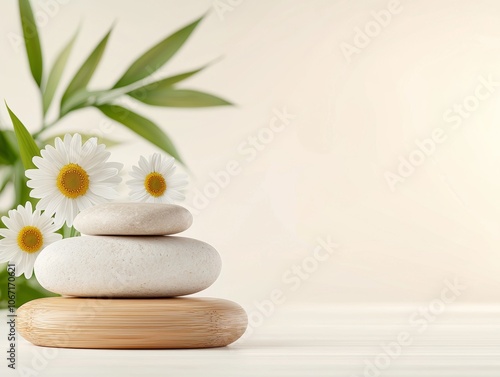 A serene composition featuring stacked stones, daisies, and bamboo leaves, evoking tranquility and harmony in a minimalistic setting.