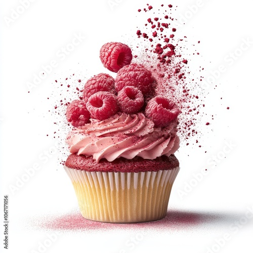 professional food photo of only Rich raspberry cupcake, sprinkled with raspberries