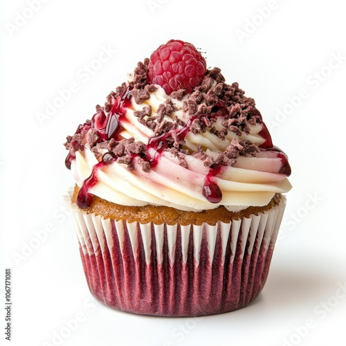 professional food photo of only Rich raspberry cupcake, sprinkled with raspberries