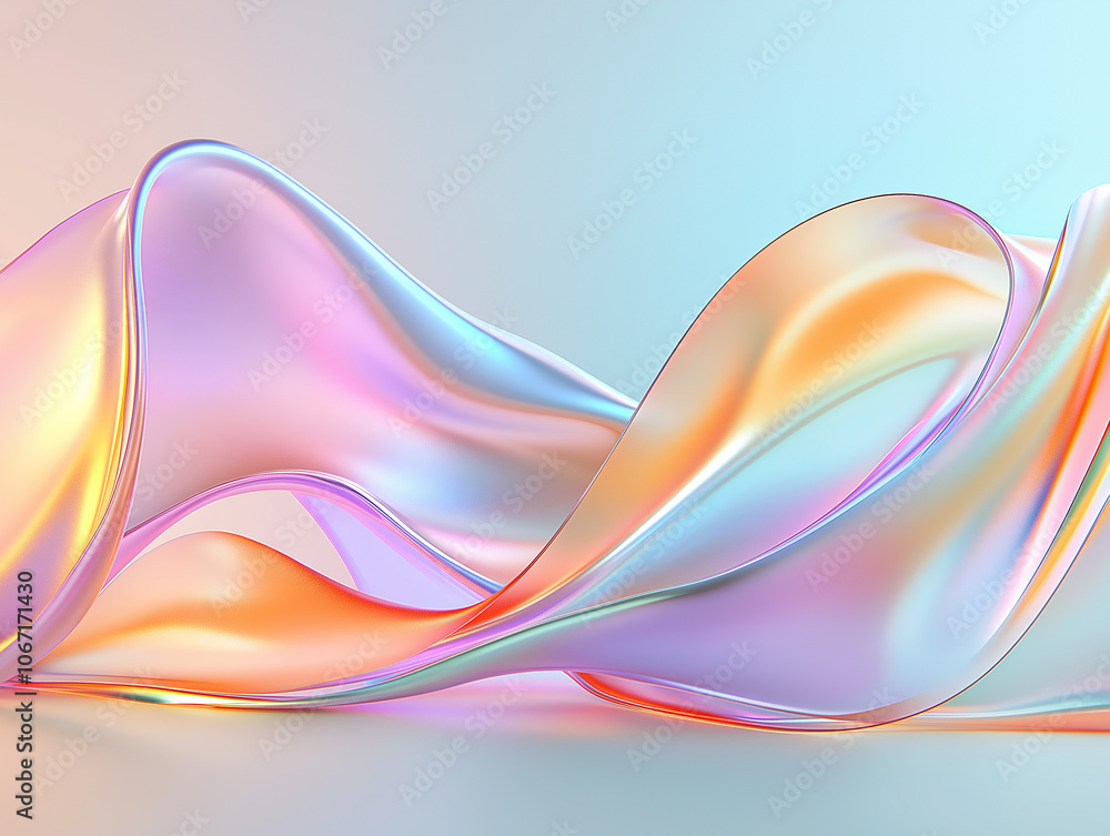 Naklejka premium A colorful, flowing abstract design featuring soft, wavy ribbons with a gradient of pastel colors on a light background.