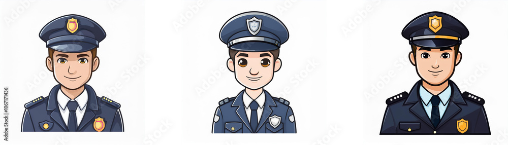 Three cartoon illustrations of male police officers with smiling faces, wearing blue uniforms with a gold badge. Three cartoon illustrations of male police officers with smiling faces, wearing blue uniforms with a gold badge.