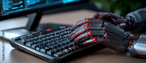 Robotic hand typing on a keyboard symbolizing the growing role of intelligence and automation in modern communication business and task oriented industries photo