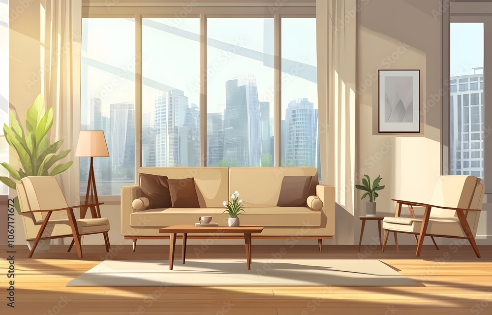Modern Living Room with City View and Sunlight Modern Living Room with City View and Sunlight