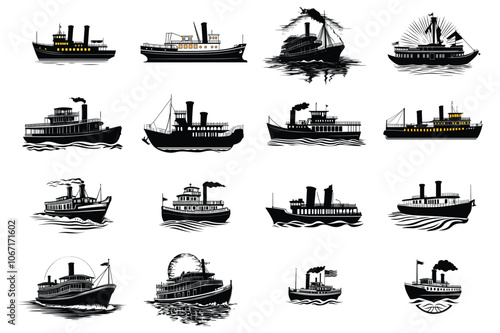 Vintage Steamship Silhouettes Collection - Nautical Illustration Set of Historic Ships