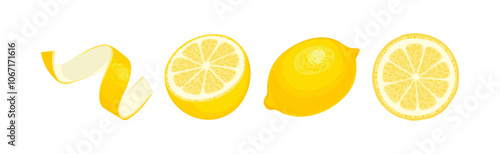 Lemon set. Whole citrus fruit, cut in half, slice and yellow zest. Vector cartoon food illustration.