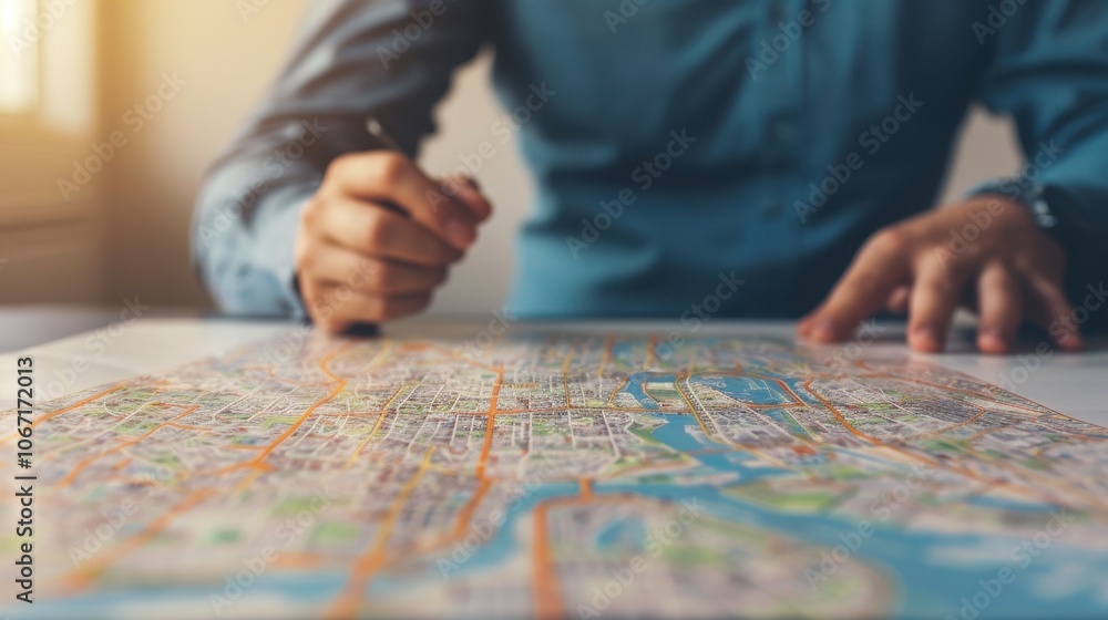 Person Planning Route on City Map Using a Pen in a Warmly Lit Environment Person Planning Route on City Map Using a Pen in a Warmly Lit Environment