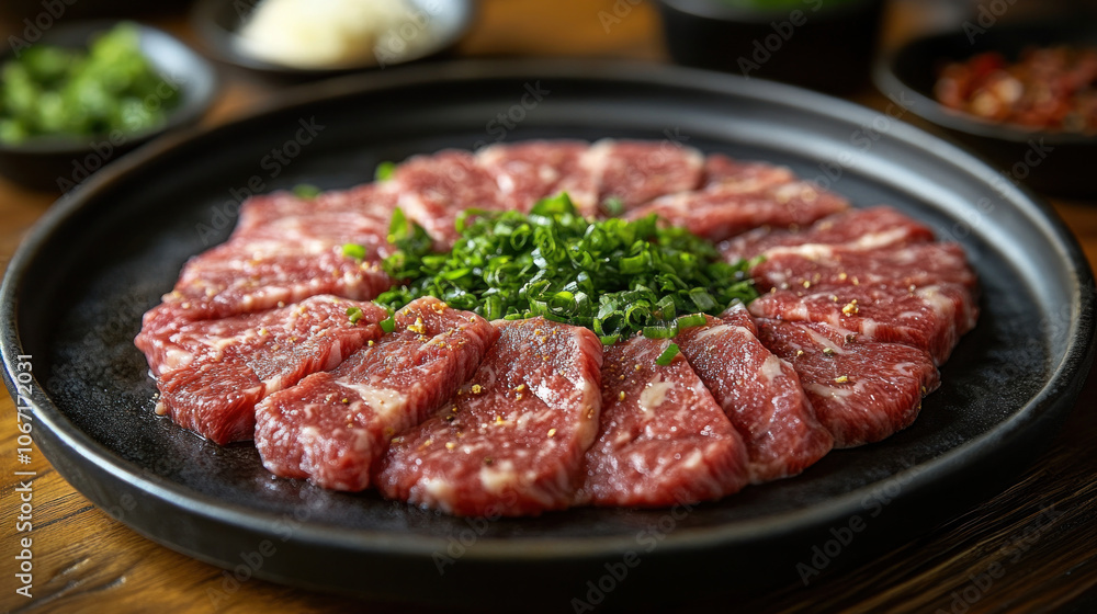 Thinly sliced beef in a hotpot setup, raw and fresh, ready for cooking Thinly sliced beef in a hotpot setup, raw and fresh, ready for cooking