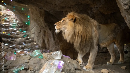 Luminous Lion with Crystal Mane in a Cave Setting photo