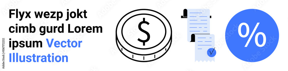 Dollar coin, stacks of documents with checklist, and percentage sign in blue. Ideal for finance, investment, banking, business analysis, accounting, tax, loans. Landing page Dollar coin, stacks of documents with checklist, and percentage sign in blue. Ideal for finance, investment, banking, business analysis, accounting, tax, loans. Landing page