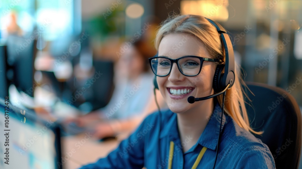 Smiling Blonde Woman in Glasses Working with Headset in a Busy Office Smiling Blonde Woman in Glasses Working with Headset in a Busy Office
