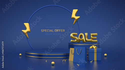 Stage podium with gold lightning bolt icon. Flash sale promotion. Mega sale special offer. Golden Sale balloon word. Discount shopping. Blue product podium with gift box, shopping bags. Vector.