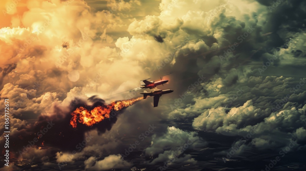 Fototapeta premium Aerial View of Military Aircraft Dropping Bombs on Distant Target with Smoke and Fire