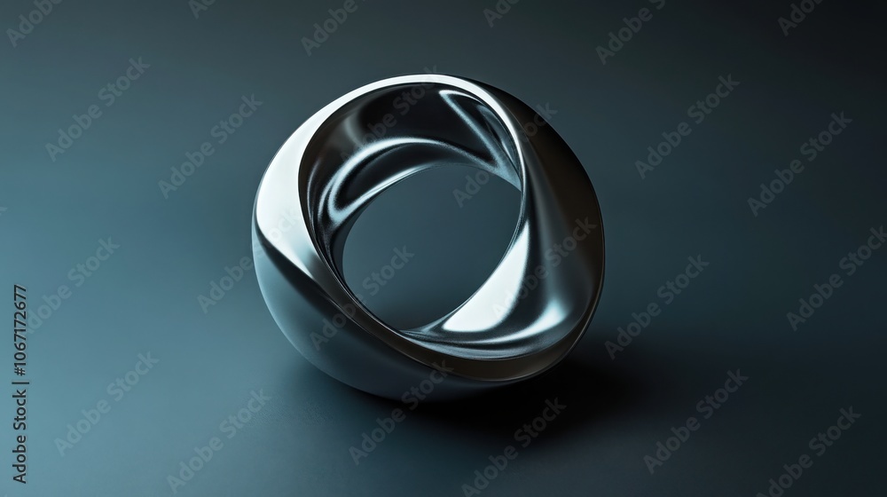 A minimal 3D shape resembling an abstract loop, rendered in glossy silver, against a dark gray background. A minimal 3D shape resembling an abstract loop, rendered in glossy silver, against a dark gray background.