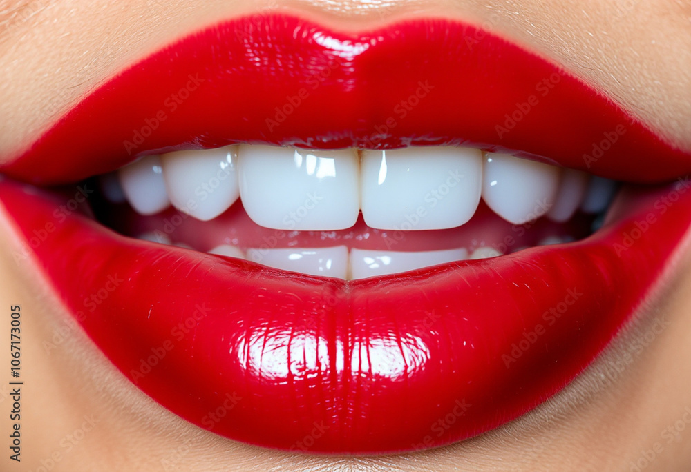 Obraz premium Closeup of red lips with a bright smile showing white, glossy teeth. Perfect for dental care or beauty concepts.