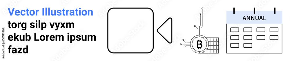 Bitcoin mining rig, loudspeaker symbol, calendar marked ANNUAL, and text placeholder. Ideal for cryptocurrency, blockchain, fintech, technology, event scheduling, marketing, and financial planning Bitcoin mining rig, loudspeaker symbol, calendar marked ANNUAL, and text placeholder. Ideal for cryptocurrency, blockchain, fintech, technology, event scheduling, marketing, and financial planning
