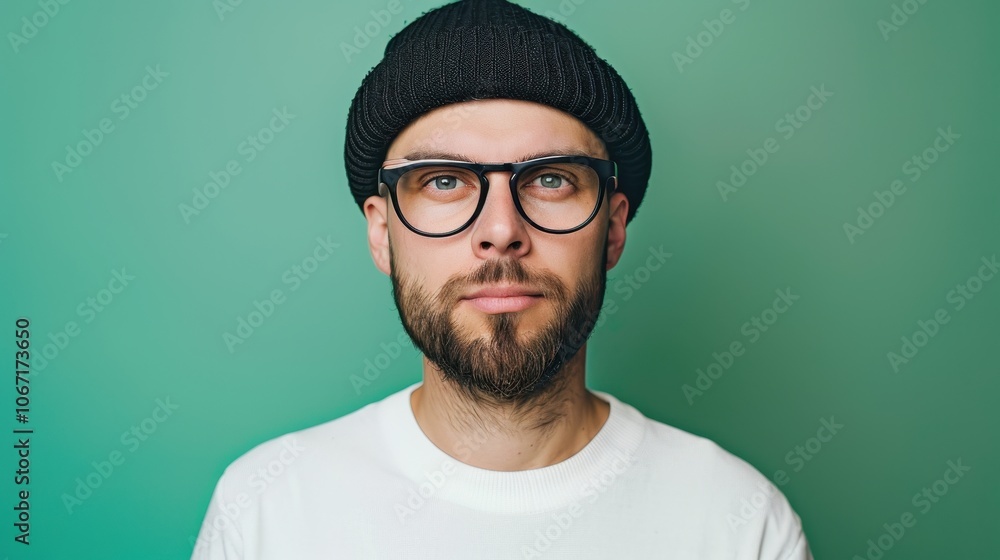 Fototapeta premium Stylish Bearded Man in Beanie and Glasses Against Green Background