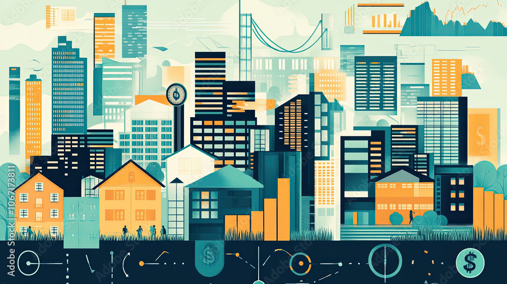 a vector illustration focused on investment or urban growth, with elements buildings, currency symbols ,financial metrics a vector illustration focused on investment or urban growth, with elements buildings, currency symbols ,financial metrics