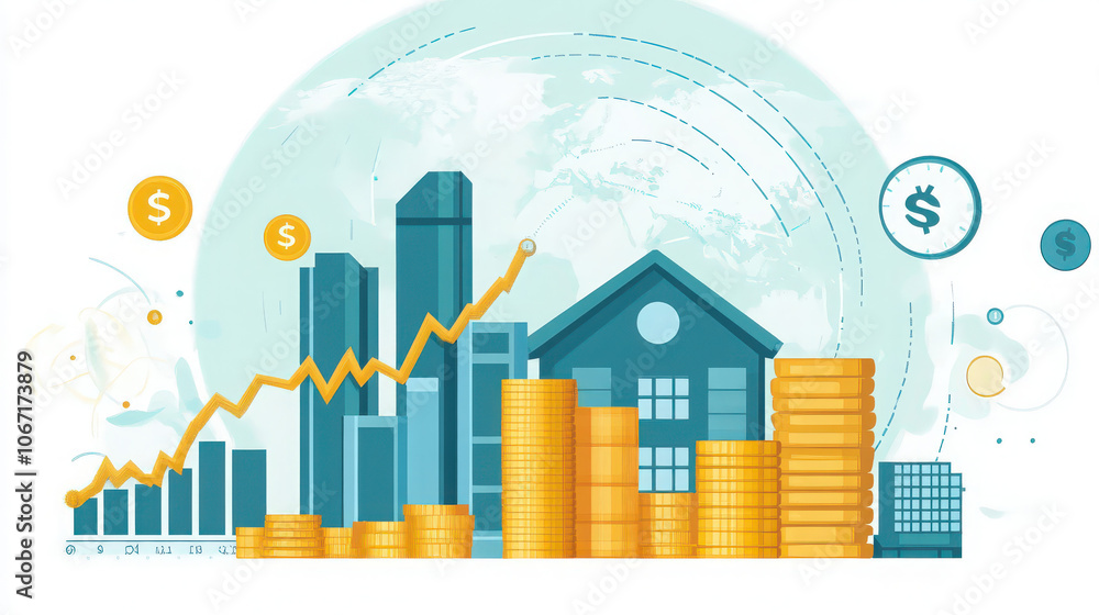 Fototapeta premium a vector illustration focused on investment or urban growth, with elements buildings, currency symbols ,financial metrics