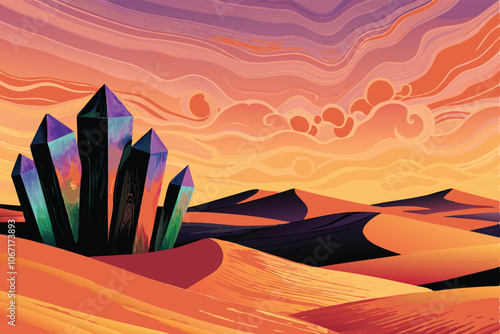 A breathtaking sunset paints the sky in vibrant hues over a vast, enchanted desert with towering sand dunes. The warm light illuminates ancient ruins hidden within the landscape.