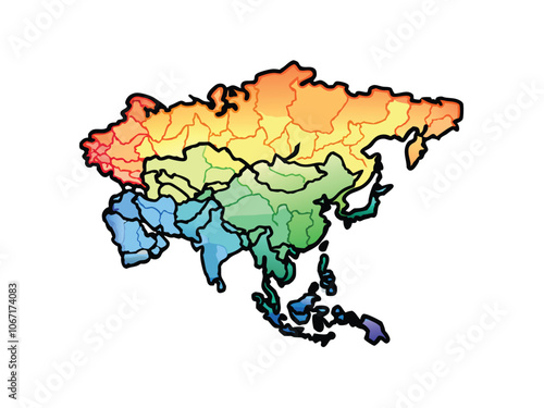 Generate a vibrant and detailed vector map of Asia, showcasing the diverse geography and distinct cultural regions of the continent using bold colors and illustrative details.