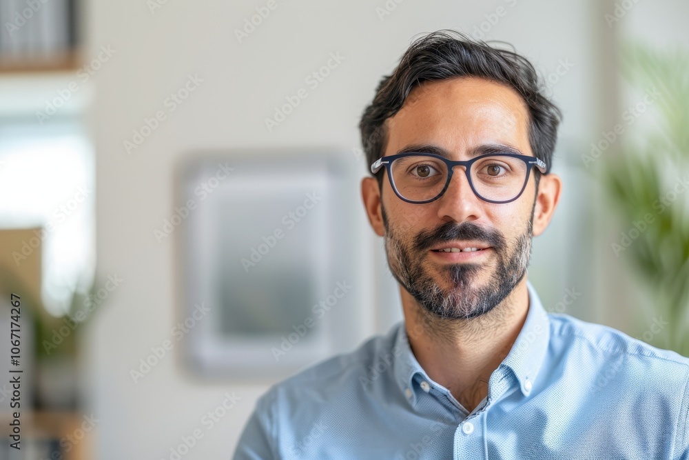 Portrait of a Young Man with Glasses and Beard in a Bright Office Setting Portrait of a Young Man with Glasses and Beard in a Bright Office Setting