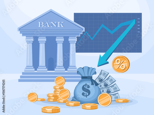 Bank and bag with money, dollars, bills and gold coins. Chart with percentage growth graph. Concept of banking, finance, stock exchange, business and economics. Vector illustration in blue color.