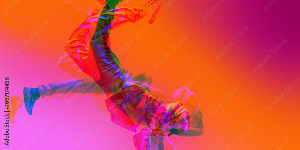 Obraz premium Street dancer leaping mid-air, dancing hip hop, freestyle, with overlays of pink, orange, and red hues. Energy of hip-hop culture. Contemporary art collage. Concept of art, dance