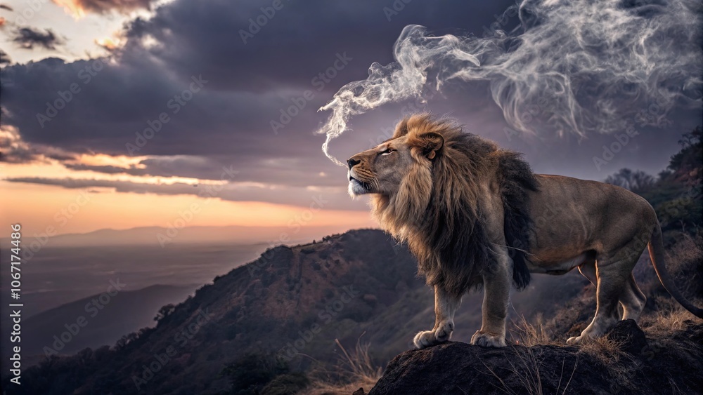 Majestic Lion with Smoky Mane at Sunrise Majestic Lion with Smoky Mane at Sunrise