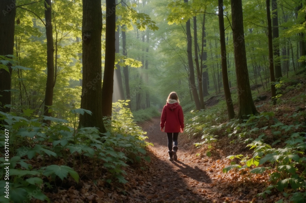 Fototapeta premium Serene Forest Path with Girl in Red Jacket Surrounded by Lush Greenery