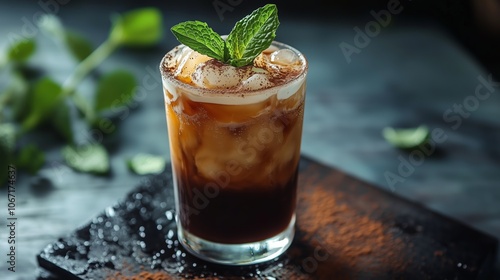 Iced coffee with mint leaves served in a glass on a dark stone surface, perfect for warm afternoons or casual gatherings