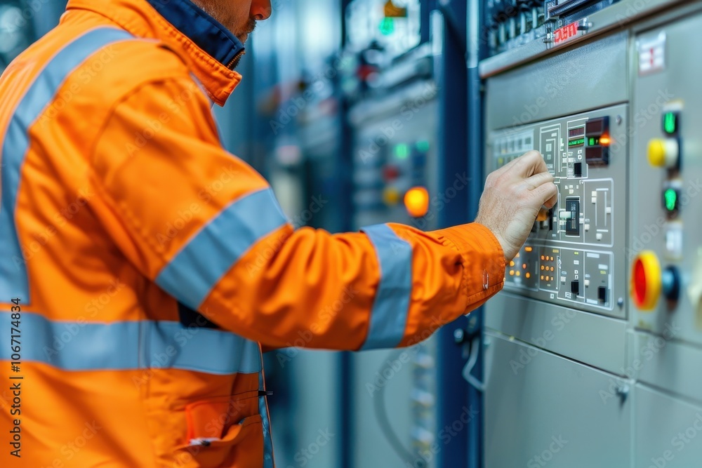 Worker in High-Visibility Jacket Operating Control Panel in Industrial Facility Worker in High-Visibility Jacket Operating Control Panel in Industrial Facility