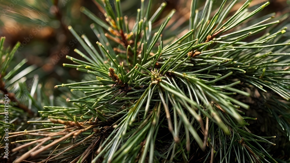 An extreme close-up of pine needles layered in shades of green and warm brown. An extreme close-up of pine needles layered in shades of green and warm brown.