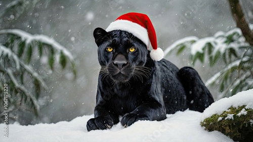 black panther in a Christmas hat against the backdrop of a decorated Christmas tree. Cozy winter atmosphere of celebration, warmth, and magic.